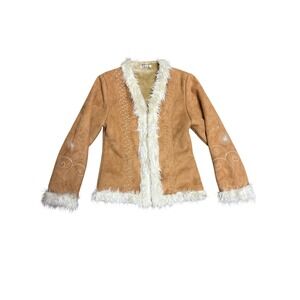 Bacci Designed in Italy Faux Suede Fur Trim Embroidered Boho Jacket Tan Large
